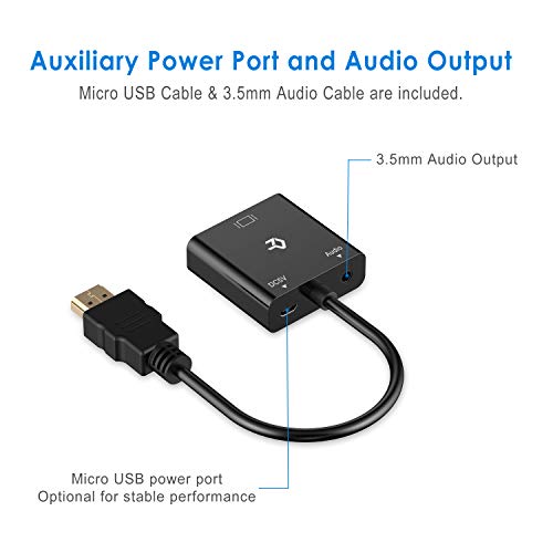 Rankie Adaptador HDMI a VGA, 1080P, con Audio 3.5 mm Cable y Micro USB Cable de Carga, Negro