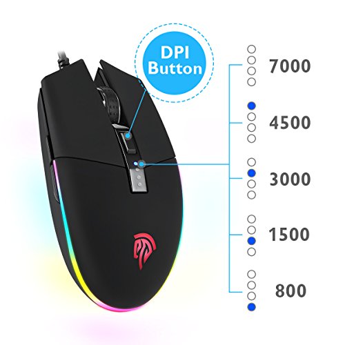 Ratón para Juegos con Cable, iluminación RGB Ajustable DPI hasta 7000 Ratones para Juegos USB programables con 6 Botones, diseño ergonómico Shell para Jugadores de PC/Mac- Negro