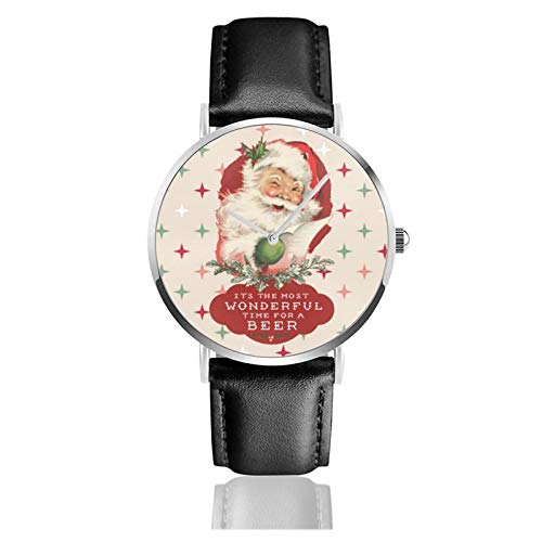 Reloj de pulsera de cuarzo, divertido Santa Navidad, maravilloso tiempo para una cerveza, resistente al agua, correa de piel sintética, reloj de cuarzo clásico casual de acero inoxidable