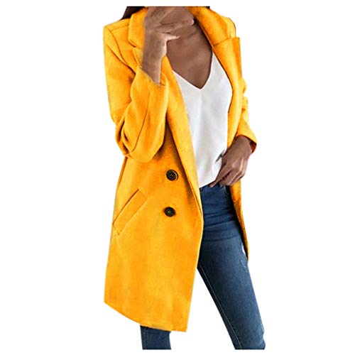 Reooly Mujer Abrigo Largo de Lana Elegante Abrigo Mixto Chaqueta Delgada Mujer Abrigo Largo(Amarillo,X-Large)