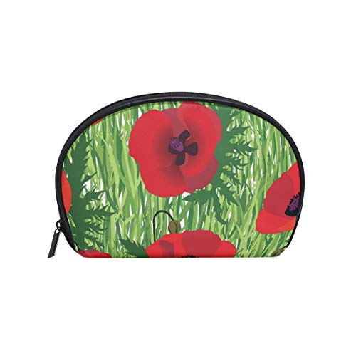 Rojo Amapolas Patrón Floral Prado Flores de Verano Bolsa de Cosmética Embrague Sea Shell Forma Bolsa de Maquillaje Viaje Práctico Organizador Caso Tolietry Bolsa para Mujeres