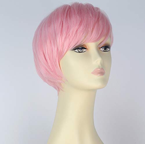 Royalvirgin Rihanna Peluca de cosplay corta, recta, pelo sintético para mujer, aspecto natural, color rosa, con brazaletes, resistente al calor, peluca de repuesto hecha a máquina