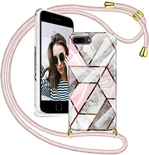 SAMCASE Funda con Cuerda para iPhone 7 Plus/iPhone Plus, Carcasa Mármol Brillante Ultrafina Necklace (Extraíble) con Correa Colgante Ajustable Collar Correa de Cuello Cadena Cordón, Oro Rosa