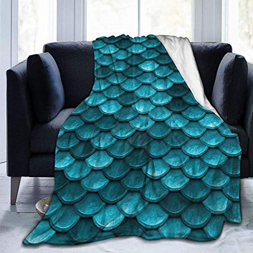 shenguang Hermosa Manta de Forro Polar con Escamas de Pescado, Color Azul Marino, Verde Azulado, tamaño de Tiro, Ligera, Suave, acogedora,, Manta de Cama, Microfibra, 40 'x 50', mant