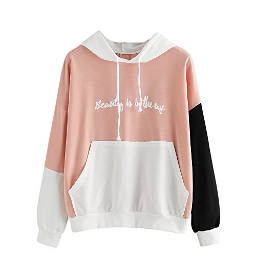 SHOBDW Liquidación Venta Letras de Las Mujeres Imprimir Patchwork Sudadera con Capucha Sudaderas con Capucha Blusa Otoño Ganador de Manga Larga con Capucha (S, Rosa)