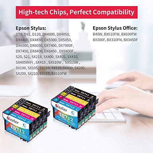 Sizzler T0715 XL Reemplazo para Epson T0711 T0712 T0713 T0714 Cartuchos de Tinta Compatibles con Epson Stylus SX218 SX200 SX205 SX100 SX105 S20 S21 SX400 D78 D92 DX4000 DX7400 Office BX300F BX610FW