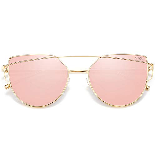 SOJOS Gafas De Sol De Moda Marca Metal Para Mujer-Lentes Planos De Espejo- Con Estilo Ojo De Gato SJ1001 Dorado Frente/Rosado Lentes