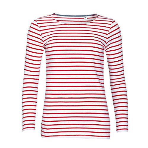 SOLS - Camiseta de manga larga con estampado de rayas modelo Marine para mujer (Extra Grande (XL)/Blanco/Rojo)