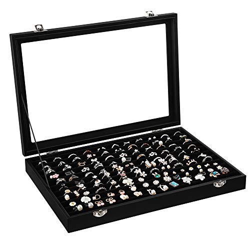 SONGMICS Bandeja para anillos, Cajón de Joyería con Tapa en Negro, con Terciopelo y Cristal, cajón para 100 anillos, Vitrina para anillos, con Imitación de Cuero, JDS301