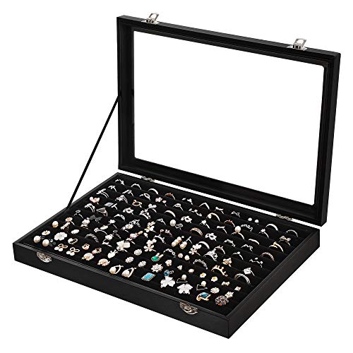 SONGMICS Bandeja para anillos, Cajón de Joyería con Tapa en Negro, con Terciopelo y Cristal, cajón para 100 anillos, Vitrina para anillos, con Imitación de Cuero, JDS301