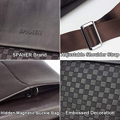 SPAHER Bolso Bandolera Cuero Hombre Piel Ipad Funda Messenger Bolsa Caballero Bolsa de negocios Crossbody Satchel Bolsa de viaje para vuelo Viaje Trabajo con ajustable Bandolera Marrón