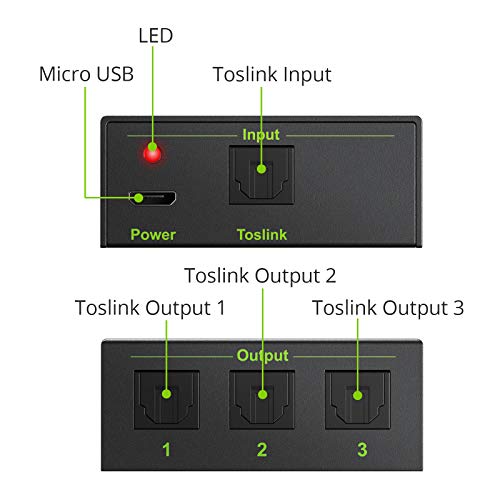 Splitter Optico 3 Salidas Divisor de Audio Digital Selector Audio Optico Toslink SPDIF Soportar LPCM 2.0 / DTS / Dolby-AC3 para PS3 STB Xbox VHS VCR Blue-Ray DVD HDTV Amplificador