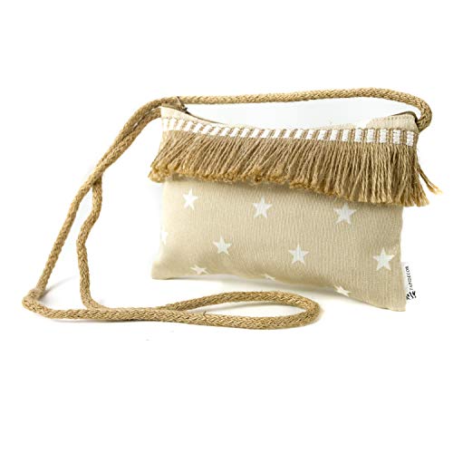 Star Bolso de mujer Bandolera Riñonera + Mascarilla Higiénica lavable a conjunto. Tejido color arena y estrellas con fleco.