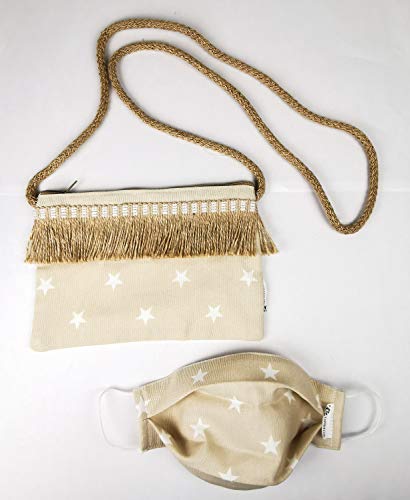 Star Bolso de mujer Bandolera Riñonera + Mascarilla Higiénica lavable a conjunto. Tejido color arena y estrellas con fleco.