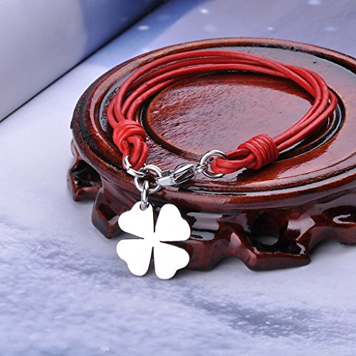 Stayoung Jewellery Moda Unisex Acero Inoxidable Cuero Trenzado Pulsera Brazalete Trébol de Cuatro Hojas, Rojo