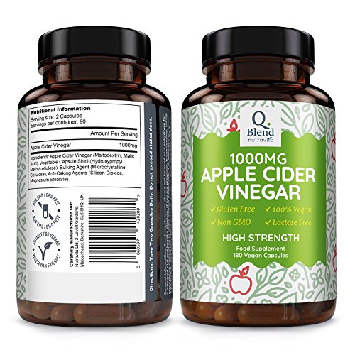 Suplemento de Vinagre de Cidra de Manzanas 180 Cápsulas 1000mg | Alta Potencia 500mg por Cápsula y 1000mg por Dosis Diaria | Hecho en RU por Nutravita