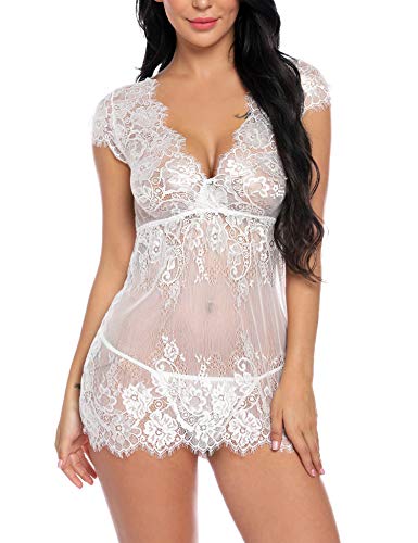 Sykooria Conjunto de lencería de Encaje Sexy Babydoll Nightwear Chemise Deep V- Cuello camisón