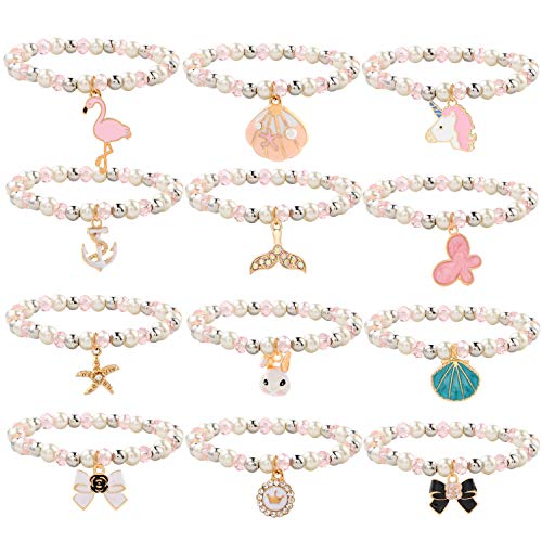 Tacobear 12 Piezas Pulseras Amistad Pulsera Niña Pulsera Unicornio Cristal Perlas Animales Colgante Pulseras Princesa Joyas Fiesta Cumpleaños Regalo para Niña Niños (Sola Capa)