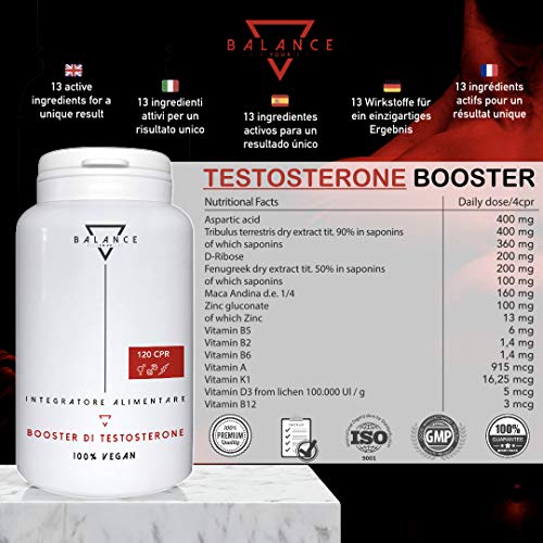 TESTOSTERONA HOMBRE- BALANCE | AUMENTADOR DE TESTOSTERONA | 13 ingredientes activos como FENOGRECO, MACA, TRIBULUS TERRESTRIS, ZINC, VITAMINA D3 | 100% VEGANO | 120 tabletas