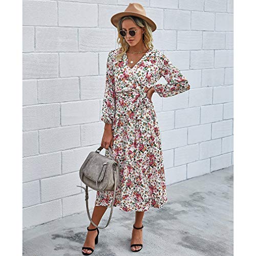 Timagebreze Vestido de Verano con Estampado Bohemio para Mujer, Cuello en V, Encaje, Vestido Largo de Playa, una Línea Suelta, Vestidos Sexis para Mujer, Xl Blanco