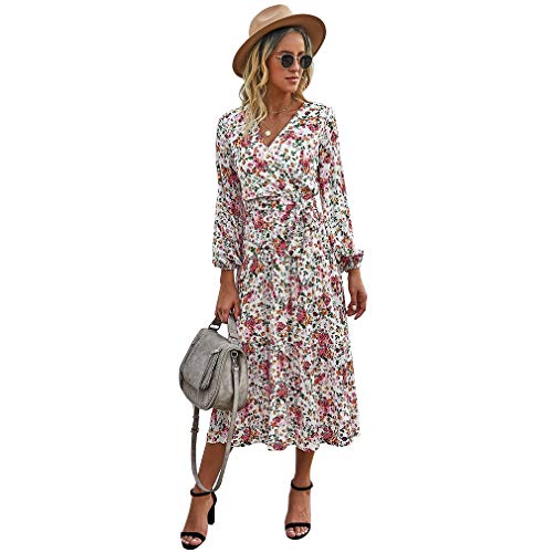 Timagebreze Vestido de Verano con Estampado Bohemio para Mujer, Cuello en V, Encaje, Vestido Largo de Playa, una Línea Suelta, Vestidos Sexis para Mujer, Xl Blanco