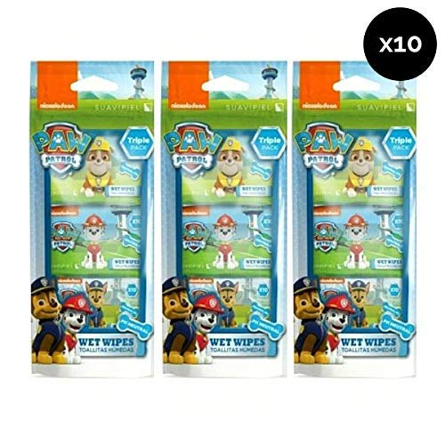 Toallitas húmedas infantiles de la Patrulla Canina. Caja 10 packs x 30 uds en packs individuales de 10 uds: 300 toallitas. Cómodo tamaño pocket para llevar en bolsillo, viajes, mochila o bolso.