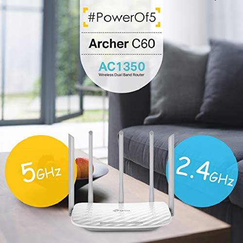 TP-Link Archer C60 - Enrutador inalámbrico de doble banda, MU-MIMO 2T2R, formación de haces, 5 antenas, fácil de usar, puertos LAN de 4 10/100Mbps, puerto WAN de 1 10/100Mbps, Color blanco, 1350 Mbps