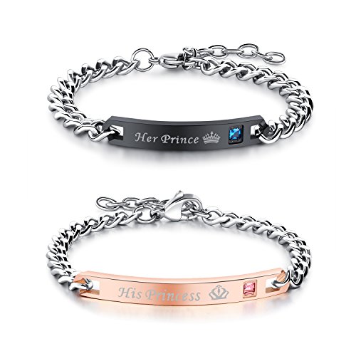 'Un par (2pcs) Hombre Mujer Pulsera, Acero inoxidable "His Princess" "Her tanque Prince Charms Brazalete de, Querido Partner pulseras, negro plata Rose Gold