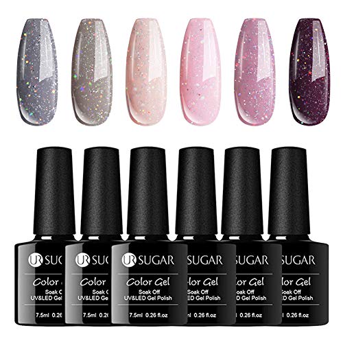 UR SUGAR 7.5ml Nude Gel Esmalte de Uñas Iridescent Glitter Nail Art Gel Kit, Brilla con Colores Holográficos, Empapa 6 Botellas para El verano