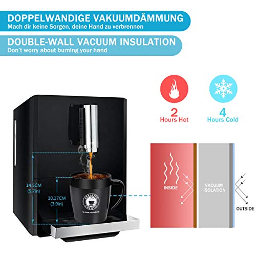 Vabaso 330ml Termo de café para llevar con cucharita de cafe y tapa, Acero inoxidable de doble pared, Taza de café térmica para té, bebidas frías y calientes, negro