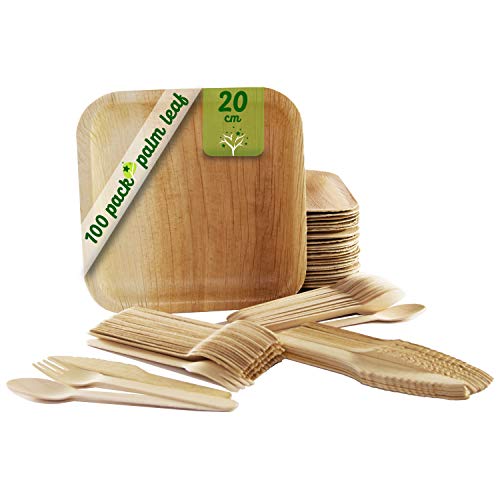 Vajilla desechable de 100 Piezas, 25 Platos de Hoja de Palma Cuadrados de 20 cm, Juego de Cubiertos de Madera Abedul de 25 cucharas, 25 Tenedores y 25 Cuchillos, Rustica, elegante y biodegradable