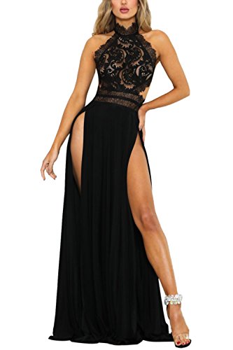 Vestido de Fiesta Sexy Mujer Largo de Encaje Elegante Laterales Aberturas Bodycon Sin Mangas de Noche Fiesta Banquete Cóctel Negro XL