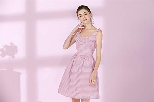 Vestidos casuales diarias Vestido de falda de señora Suspender Falda de una línea de rayas rosadas for mujer Temperamento de cintura alta Ruffle Gentle Wind Princess Dress Para primavera y verano otoñ