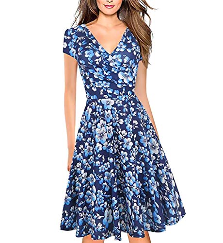 Vestidos Elegantes Floral Azul Niña Mujer Verano, Boho Chic Vestidos Tallas Grandes,Sexy Cuello en V Vestidos, hasta la Rodilla Plisado Vestido Coctel, Fiesta,Casual