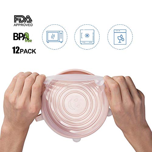 Vibeey Tapas de Silicona Elásticas 12 Paquetes, Varios TamañOs de Fundas para Alimentos Tazones, Blanca Rosado Reutilizable Sin BPA Fundas Protectoras para Alimentos Tapa Tazas, Boles o Tarros