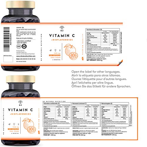 VITAMINA C DOSIS ALTA 1000mg + Bioflavonoides - Vit C Pura Natural Reduce el Cansancio y la Fatiga, Contribuye al Funcionamiento del Sistema Inmunológico - Vegano 180 Cápsulas N2 Natural Nutrition