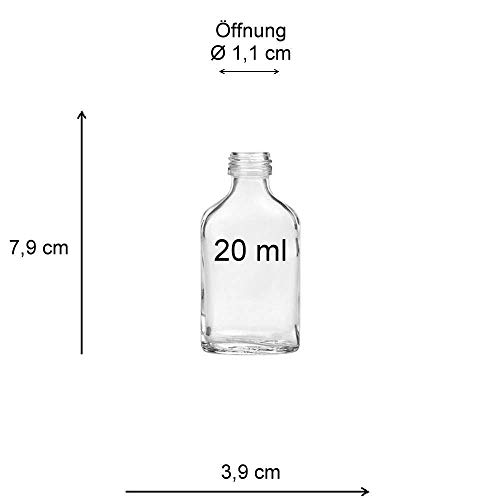 Viva-artículos de Uso doméstico - 50 Mini-Botellas de Vidrio 20 ml con tapón de Rosca para llenar Incluye Embudo diámetro 5 cm