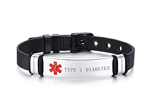 VNOX Nombre de Acero Inoxidable ID de Alerta Médica de Ice Pulsera Ajustable Pulsera de Emergencia Sos para Hombres Mujeres,Type 1 Diabetes Grabada