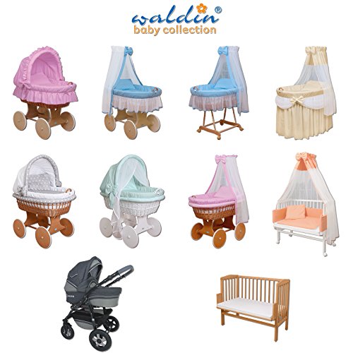 WALDIN Cuna Moisés, carretilla portabebés XXL, 44 colores a elegir,Madera/ruedas lacado en blanco,color textil blanco