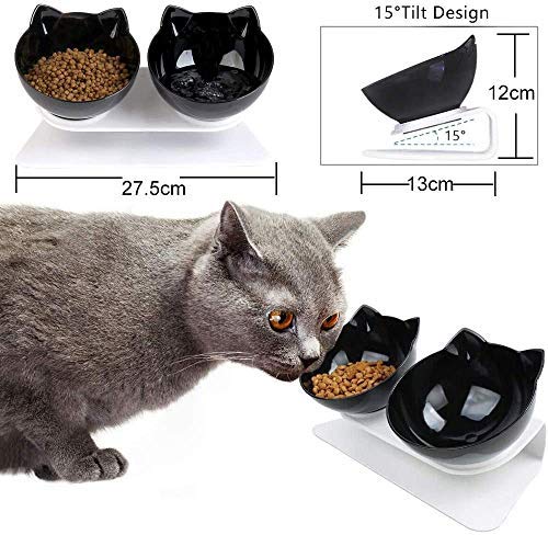 WELLXUNK Cuenco del Gato,Tcuencos Dobles para Gatos, Ajustable Inclinado De 15 ° Tazón Doble, Tazón de Gato Ortopédico, Apto para Gatos y Cachorros (Negro)