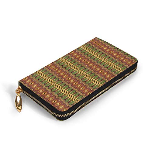 Women's Long Leather Card Holder Purse Zipper Buckle Elegant Clutch Wallet, Abstract Tribal Motifs Vertical Ethnic Borders Folkloric Hippie Antique,Sleek and Slim Travel Purse