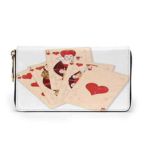 Women's Long Leather Card Holder Purse Zipper Buckle Elegant Clutch Wallet, Crown of Gambler Queen Alice Hearts Royal Fairy Flush Face Magic,Sleek and Slim Travel Purse