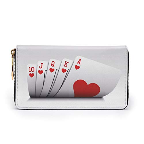 Women's Long Leather Card Holder Purse Zipper Buckle Elegant Clutch Wallet, Royal Flush Playing Cards Hearts Betting Bluff Gambling,Sleek and Slim Travel Purse