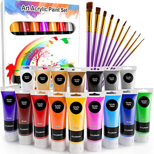 WOSTOO Pinturas Acrílicas 26 set Tubos de Pintura Acrílica 16 x 75ML+10 Piezas Pincel de Pigmentos de Colores Alta Cobertura y de Secado Rápido para Principiantes Estudiantes y Artistas