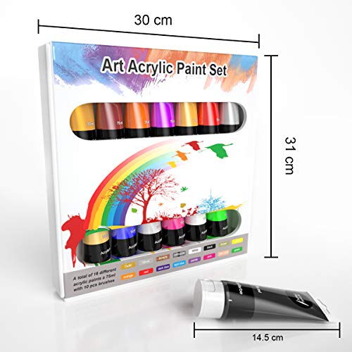 WOSTOO Pinturas Acrílicas 26 set Tubos de Pintura Acrílica 16 x 75ML+10 Piezas Pincel de Pigmentos de Colores Alta Cobertura y de Secado Rápido para Principiantes Estudiantes y Artistas