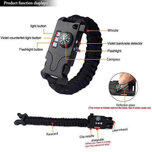 WYYHAA Paracord Bracelet Survival, 2 Pack de Equipo de Emergencia táctico Recargable, Incluye Linterna LED SOS, lámpara UV, brújula de actualización, Rescate con Silbato al Aire Libre,A