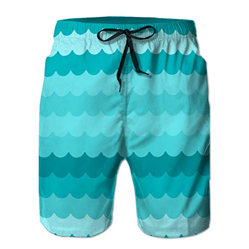 Xunulyn Bañador de Playa para Hombre Shorts de Playa Shorts Olas de Fondo Azul sin Costuras patrón de Onda Plana repetido Perfectamente Simple decoración de mar de Dibujos Animados