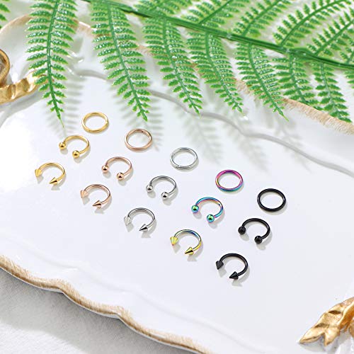 YADOCA 15 Piezas 1.2 mm Set de Acero Inoxidable Piercing Colores Mujer Nariz Piercing Herradura Anillos Labret Piercing Clicker Septum Labio Anillo Aro Helix Cartílago Tragus 8mm 10mm