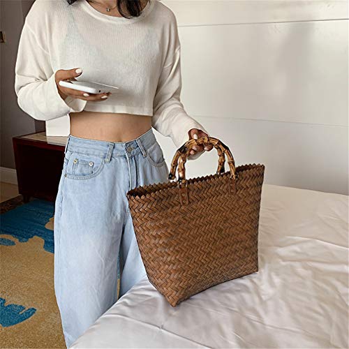 YAOXI Bolsos De Ratán para Mujer, Bolsos Casuales De Ratán Mango De Bambú Tejido De Mimbre Bolso De Mano Verano Playa Bolsa De Paja Grande Dama Totes Grandes Bolsa De Viaje Femenina,Marrón