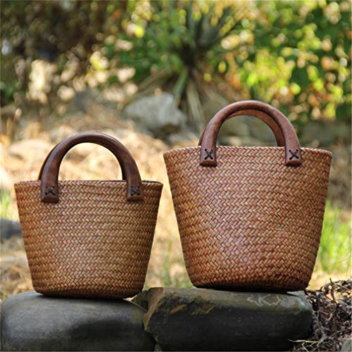 YAOXI Bolsos De Ratán para Mujer, Mango De Madera Hecho A Mano Bolsa De Paja Bolsos Tejidos Vintage Bolsa De Vacaciones Junto Al Mar Bolso Cubo De Ratán,S